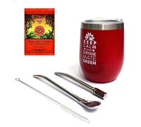 Juego de té mate Yerba | Taza de té mate de doble pared de acero inoxidable (vaso mate) "Rojo" | Dos bombillas (pajitas) para mate | 50 g mate Green Mate | Cepillo de limpieza