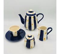 Juego de té y café de 2, 1 tetera, 1 jarra de leche, 1 azucarero, 2 tazas de té café con 2 platos. Servicio de té, cerámica (rayas blancas azules con estrellas amarillas) Sun Yellow de 7 piezas