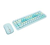 Juego de Teclado Inalámbrico, Teclado Ergonómico con Suspensión Automática y Ratón Combinado de 2,4 GHz, Bonito Retro para Oficina (Color Mezclado Azul)