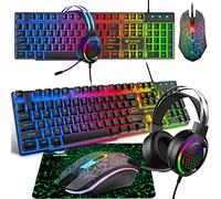 Juego de Teclado para Juegos con Auriculares y ratón, 104 Teclas arcoíris retroiluminado, Teclado británico, 2400 PPP, Sonido Envolvente 7.1 RGB Ligero de Panal, Alfombrilla de ratón Combo para PS4