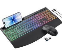 Juego de teclado y ratón inalámbrico, retroiluminación de 7 colores, reposamuñecas, teclado ergonómico recargable con soporte para teléfono, iluminación silenciosa para Windows, Mac, PC (negro)