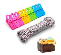 Juego de tendedero de 10 m de cuerda de nailon de colores + 10 pinzas con gancho, hilo para la colada resistente para exterior, interior, jardín - Kit completo para tender ropa, paños y ropa