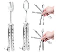 Juego de tenedor y cuchara de mariposa de acero inoxidable, 2 piezas, tenedor reutilizable para viajes, camping, caza, cocina al aire libre (plateado)