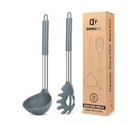 Juego de tenedor y cucharón de silicona para pasta, utensilios de cocina antiadherentes grandes para cocinar, revolver, servir espaguetis, sopa, salsa (gris)