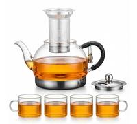 Juego de tetera de vidrio segura para inducción con infusor, compatible con estufa, tetera de borosilicato con colador de acero inoxidable, perfecto para hojas sueltas y té floreciente
