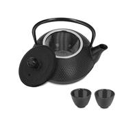 Juego de teteras de hierro fundido Tetsubin japonés Tetera Infusor de té Capacidad de 800 ml Grabado duradero Tetera negra antigua con 2 tazas para amigos de la familia