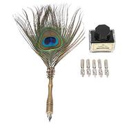 Juego de tinta de escritura con pluma de pavo real de caligrafía, caja de regalo de papelería con 5 puntas para artistas, escritores, material de cobre de plumas de estilo vintage