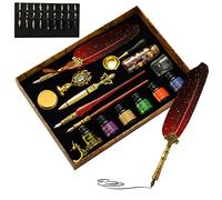 Juego de tinta de pluma, pluma de caligrafía con puntas de repuesto, bolígrafo de pluma antigua, juego de bolígrafos de caligrafía dip para escribir, lápiz dip, cera, sello de sello, cuchara, sobre