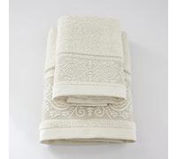 Juego de toallas KATIA, con volante de Jacquard, juego de dos toallas de baño cara y invitado crema - JENNY SESAL - 100% algodón - Esponja de alta calidad procedente de Portugal.