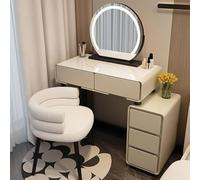 Juego de tocador ajustable con iluminación táctil, espejo, taburete tapizado y cajones, ideal para artículos de belleza y aseo.