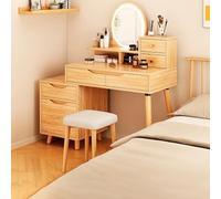 Juego de tocador con luz LED con espejo, moderno escritorio para dormitorio, tocador blanco para sala de estar, taburete tapizado, color madera, perfecto para decoración elegante del hogar