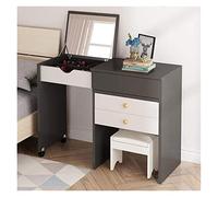 Juego de tocador de alta gama con espejo abatible con rieles deslizantes, tocador de maquillaje con taburete acolchado, gabinete de maquillaje telescópico (color: madera) (negro)