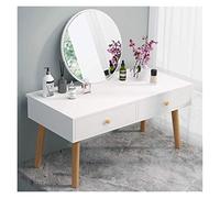 Juego de tocador de alta gama con espejo redondo grande y 2 cajones deslizantes, mesa de maquillaje con patas de madera maciza, dormitorio moderno (color: azul, tamaño: 604045 cm) (blanco, 60 x 40 x
