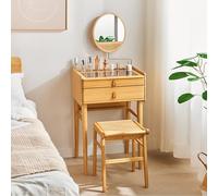 Juego de tocador de bambú con taburete y espejo, mesa de maquillaje de madera, escritorio de consola duradero con espejo giratorio para dormitorio, diseño resistente, ideal para maquillaje