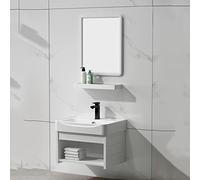 Juego de tocador de baño blanco de 20 pulgadas con fregadero rectangular de cerámica, diseño flotante moderno montado en la pared, incluye grifo y espejo de alta definición