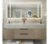 Juego de tocador de baño con armario de espejo iluminado LED, unidad de lavabo doble, 160 cm, diseño marrón moderno, solución de almacenamiento elegante para renovación del hogar