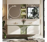 Juego de tocador de baño con lavabo doble y espejo LED, diseño flotante moderno con fregadero integrado y cajones grandes, armario de madera de roble