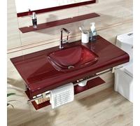Juego de tocador de baño con lavabo y espejo, montaje en pared, diseño flotante, incluye estantes, solución de ahorro de espacio para baños modernos