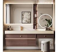 Juego de tocador de baño de 120 cm con lavabo, espejo iluminado LED, armario montado en la pared, color rojo y marrón, diseño moderno que ahorra espacio para una decoración elegante del hogar