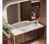 Juego de tocador de baño de 150 cm con espejo LED y fregadero, muebles de baño blancos modernos con iluminación inteligente para decoración elegante del hogar