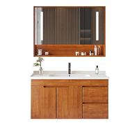 Juego de tocador de baño de roble macizo de estilo nórdico con armario, grifo negro, espejo de alta definición, cajones y estante, 72 x 47 x 48 cm, muebles de baño modernos