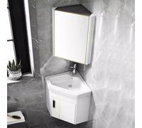 Juego de tocador de baño esquinero de 15 pulgadas con fregadero de cerámica y espejo, armario montado en la pared que ahorra espacio, incluye grifo y drenaje, ideal para baños pequeños, acabado bianco