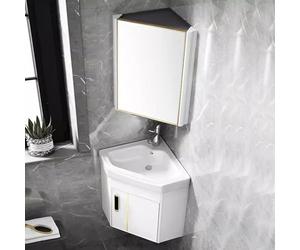 Juego de tocador de baño esquinero de 15 pulgadas con fregadero de cerámica y espejo, armario montado en la pared que ahorra espacio, incluye grifo y drenaje, ideal para baños pequeños, acabado bianco