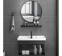 Juego de tocador de baño flotante con espejo y estante abierto, incluye grifos de agua caliente/fría para ahorrar espacio y soluciones de almacenamiento elegantes