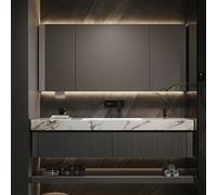Juego de tocador de baño flotante con fregadero y armario de espejo antiniebla, instalación moderna de montaje en pared para ahorrar espacio en el baño
