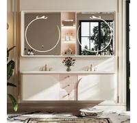 Juego de tocador de baño flotante con lavabos dobles integrados, espejo inteligente LED y cajones grandes para almacenamiento moderno de baño