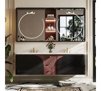 Juego de tocador de baño flotante con lavabos dobles integrados, espejo inteligente LED y cajones grandes para almacenamiento moderno de baño