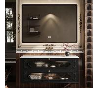 Juego de tocador de baño montado en la pared con espejo inteligente, armario de lavabo de 80 cm, elegante diseño negro, muebles de baño modernos, solución de almacenamiento que ahorra espacio