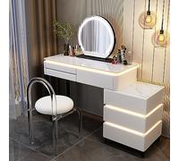 Juego de tocador de madera blanca nacarada con espejo iluminado para dormitorio, vestidor con 6 cajones grandes y taburete acolchado, mesa de maquillaje moderna para dormitorio