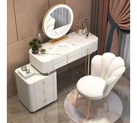 Juego de tocador de madera maciza con parte superior de pizarra, 6 cajones, armario lateral en forma de flor, espejo de maquillaje, tocador elegante para niñas (blanco, 31.5 pulgadas)