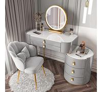 Juego de tocador de madera maciza de lujo con espejo LED, armario de almacenamiento y taburete para maquillaje moderno, 5 cajones incluidos