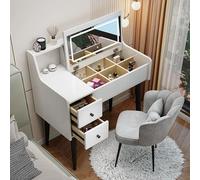 Juego de tocador de maquillaje blanco de 31.5 pulgadas con luces de espejo inteligentes, cajón de almacenamiento y silla de pétalo, escritorio compacto para dormitorio, estación de belleza elegante y