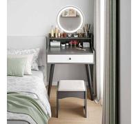 Juego de tocador de maquillaje compacto con espejo y taburete, tocador ajustable con 3 modos de luz, mini escritorio de maquillaje para niñas con cajón de 50 cm, muebles de dormitorio