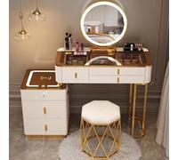Juego de tocador de maquillaje compacto con pantalla táctil con luces atenuantes, cajones de almacenamiento y gabinete, elegante estación de maquillaje para dormitorio/baño, incluye silla cómoda