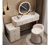 Juego de tocador de maquillaje con espejo de luz LED táctil, 3 modos, 9 cajones, estación de carga y taburete de almacenamiento, marco de hierro