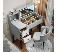 Juego de tocador de maquillaje con espejo inteligente, luces integradas, gabinete de almacenamiento, cajón, tocador, escritorio, silla pétalo, gris, 80 cm