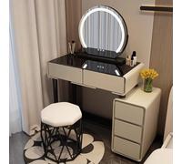 Juego de tocador de maquillaje de luz redonda de 3 colores con taburete acolchado, cajones laterales, perfecto para espacios pequeños, dormitorio, vestidor, café, 80 x 40 x 76 cm
