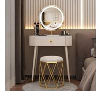 Juego de tocador de maquillaje iluminado con espejo LED de 3 colores, tocador para dormitorio de niñas, con cajón de almacenamiento y taburete acolchado, 70 cm, elegante y funcional