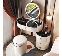 Juego de tocador de maquillaje iluminado con espejo y parte superior de cristal, tocador blanco con cajones, armario lateral y silla, luces LED de 3 colores para ella (23.6 pulgadas)
