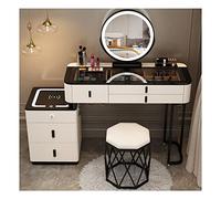 Juego de tocador de maquillaje iluminado con taburete acolchado, parte superior transparente, 5 cajones grandes, luces LED recargables, ideal para mujeres, niñas, entusiastas de la belleza