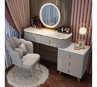 Juego de tocador de maquillaje LED con espejo ajustable, 3 opciones de color, almacenamiento de cajones y taburete acolchado, ideal para dormitorio y decoración del hogar
