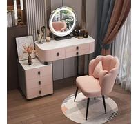 Juego de tocador de maquillaje rosa con mesita de noche, taburete acolchado, luces LED y cajones, 80 cm, elegante tocador para dormitorio de niñas o sala de maquillaje
