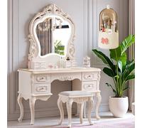 Juego de tocador de maquillaje vintage, tocador de 110 cm con espejo, silla, 5 cajones y cepillo para dormitorio y decoración de sala de maquillaje