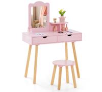 Juego de Tocador Infantil Niña, Mesa de Tocador y Taburete de Madera para Niños con 1 Espejo Rectangular y 2 Cajones Grandes, Tocador de Maquillaje para Niña de 3 a 7 Años (Rosa)