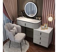 Juego de tocador LED ajustable con taburete acolchado de espejo de 3 colores y escritorio de maquillaje, elegante mesa de maquillaje para dormitorio o estudio, conjunto perfecto de tocador