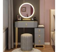 Juego de tocador que ahorra espacio con cajones de almacenamiento y silla de espejo iluminado para dormitorio de niñas, elegante color gris, 27.6 pulgadas